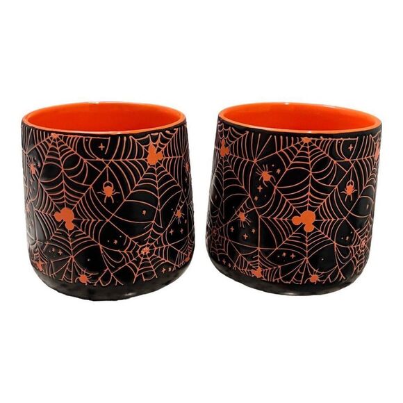 Disney Mugs Mickey Mouse‎ Black Spiders Webs Halloween Orange Set Of 2 Ears NEW - Picture 4 of 8